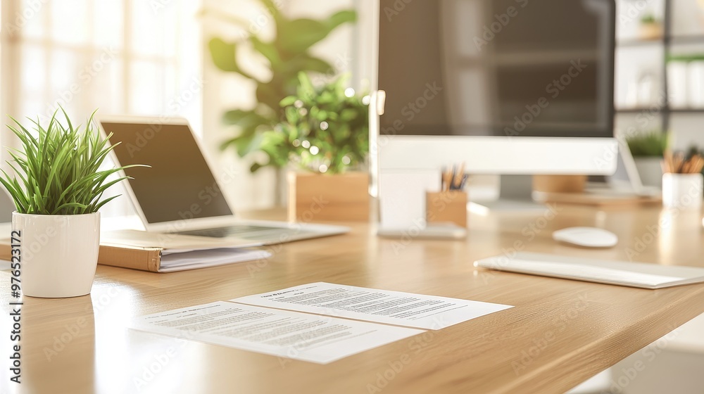 Modern Office Desk with Documents Plant Laptop and Computer Modern Office Desk with Documents Plant Laptop and Computer