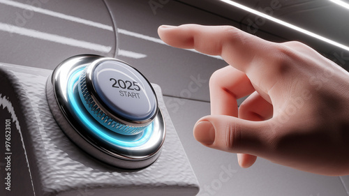 Year 2025 Start with a futuristic hand pressing a glowing button, representing the start of a new year and technological advancements.