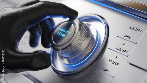 Close-up of a person adjusting a modern control dial for quality level, with blue LED lights highlighting the sleek design.