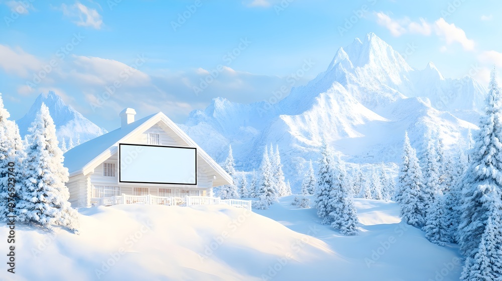Naklejka premium Snowy Cabin with Blank Sign in Winter Mountains