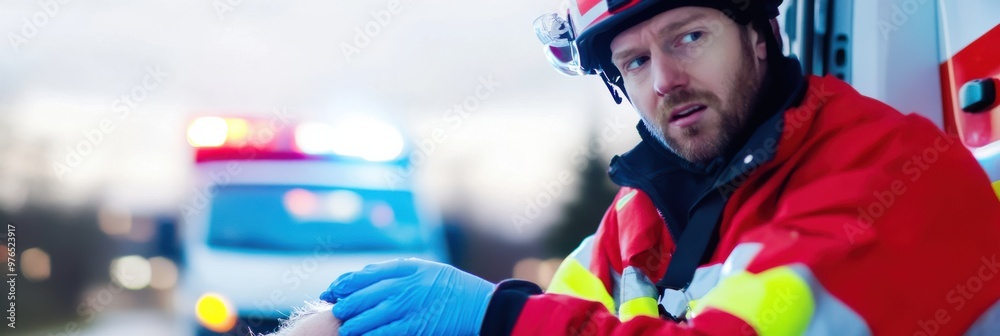 An emergency responder, equipped with protective gear, attends promptly to a situation, illustrating readiness and professionalism, with an ambulance visible in the background. An emergency responder, equipped with protective gear, attends promptly to a situation, illustrating readiness and professionalism, with an ambulance visible in the background.