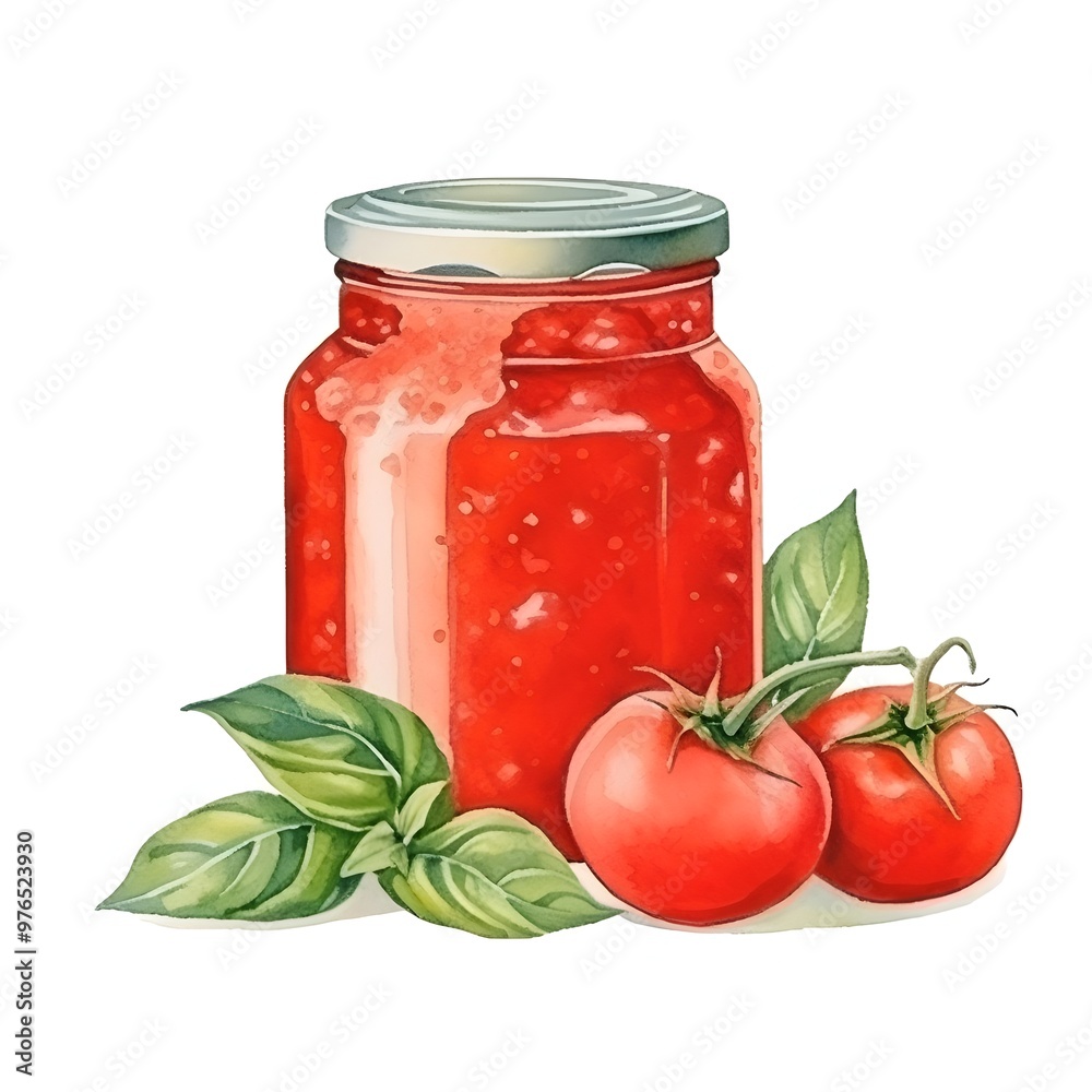 Watercolor of Tomato Sauce Jar with Fresh Tomatoes on White Background Watercolor of Tomato Sauce Jar with Fresh Tomatoes on White Background