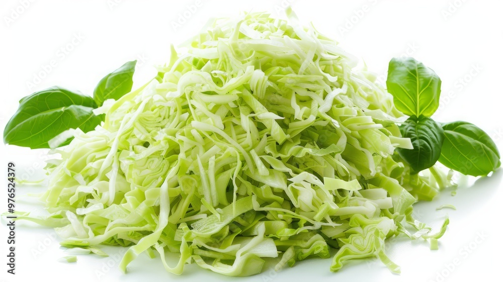 Pile of shredded cabbage with basil leaves on a white background Pile of shredded cabbage with basil leaves on a white background