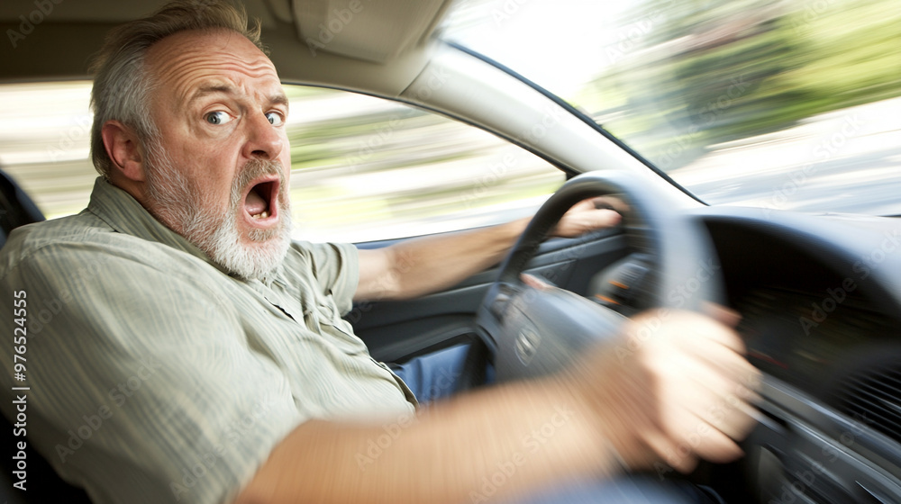 An elderly man expresses surprise and fear while driving a car at high speed, showcasing intense emotion and reaction. An elderly man expresses surprise and fear while driving a car at high speed, showcasing intense emotion and reaction.