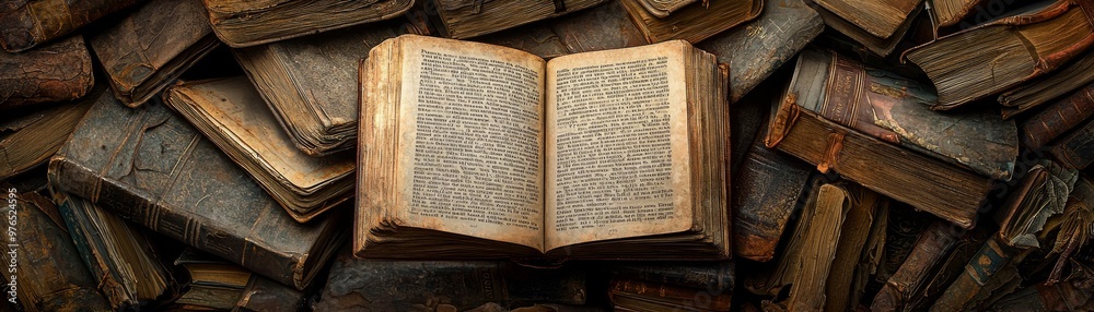 Obraz premium Vintage Books Panorama An open book displayed prominently on a pile of old