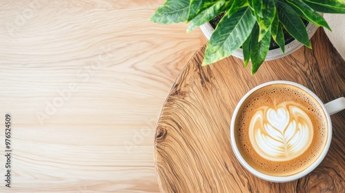 Wallpaper Mural Latte Art Coffee Cup On Wooden Table With Plant Torontodigital.ca