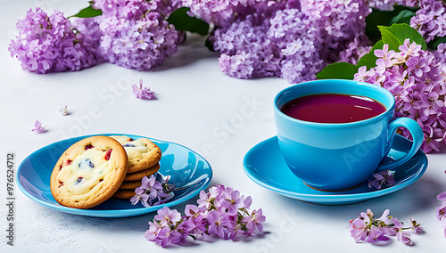 a pastel color ceramic cup and saucer set, surrounded by a lush arrangement of lilac flowers, which are in full bloom photo