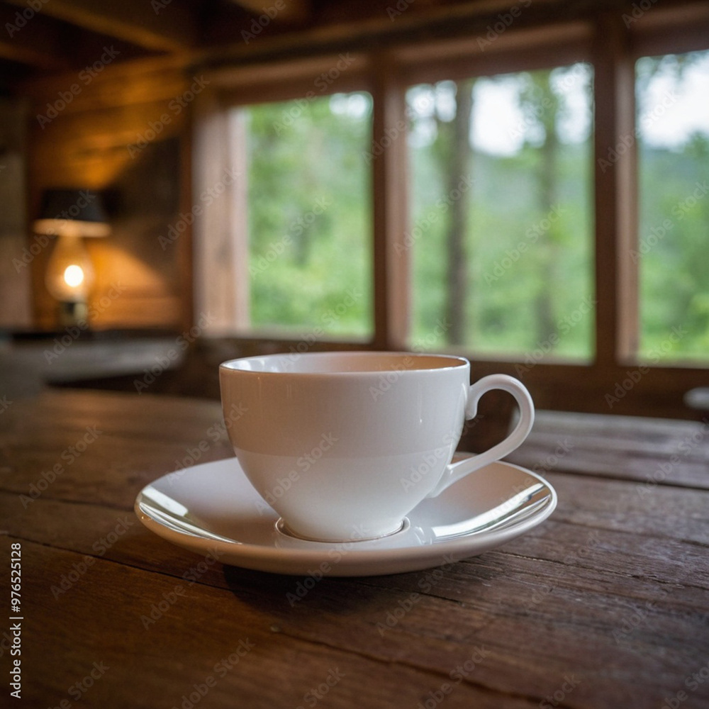 Cup of tea on a wooden table in a cafe against a blurry golden background Cup of tea on a wooden table in a cafe against a blurry golden background