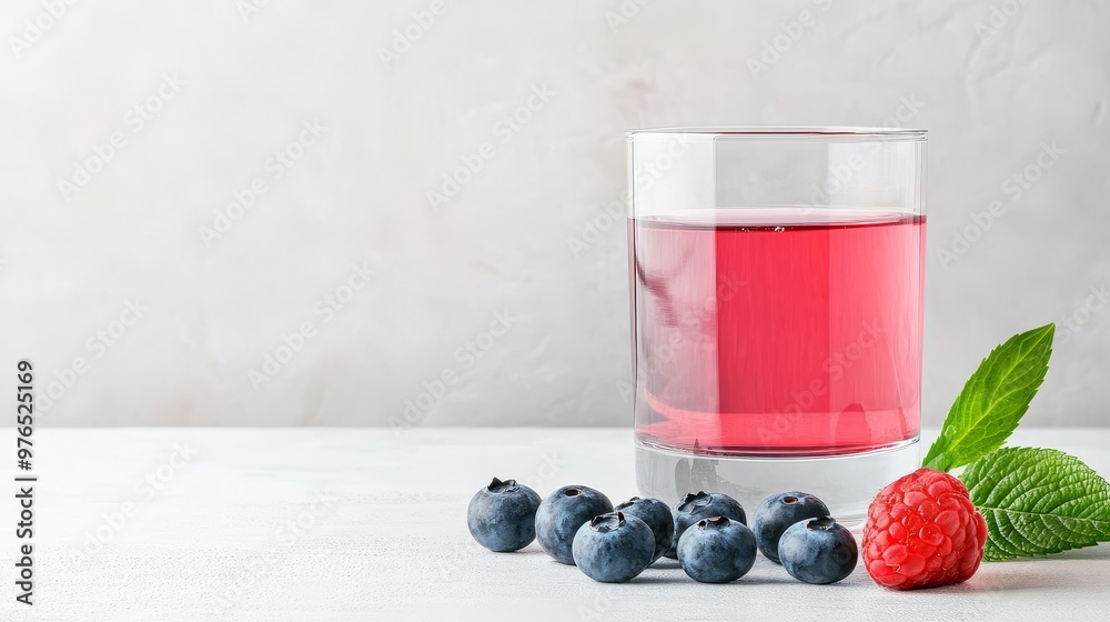 A glass of refreshing berry juice sits on a white table, surrounded by blueberries and a single raspberry. The drink symbolizes health, refreshment, and the sweetness of summer. A glass of refreshing berry juice sits on a white table, surrounded by blueberries and a single raspberry. The drink symbolizes health, refreshment, and the sweetness of summer.