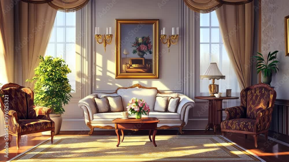 Elegant living room interior with natural light and floral decor in a stylish setting Elegant living room interior with natural light and floral decor in a stylish setting