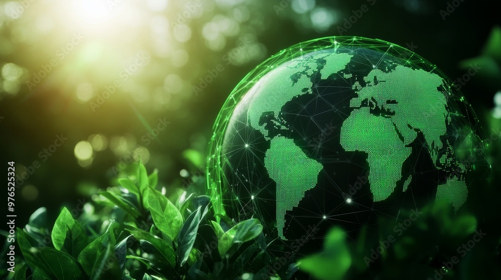 A green globe representing planet Earth with interconnected lines symbolizing global connection, sustainability, and environmental responsibility. A green globe representing planet Earth with interconnected lines symbolizing global connection, sustainability, and environmental responsibility.