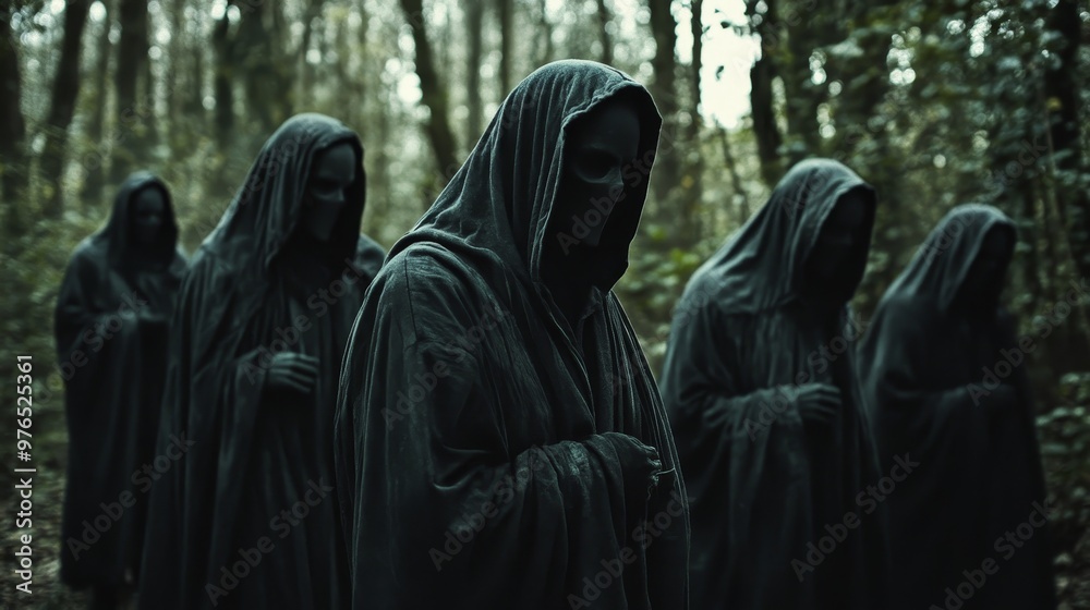 A group of hooded figures stand in a dark forest, their faces obscured by shadow, creating an atmosphere of mystery and intrigue. The image evokes concepts of secrecy, ritual, and the unknown. A group of hooded figures stand in a dark forest, their faces obscured by shadow, creating an atmosphere of mystery and intrigue. The image evokes concepts of secrecy, ritual, and the unknown.