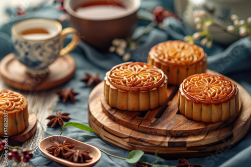 The moon cakes on the table celebrate the traditional Chinese festival: Mid-Autumn Festival.