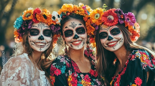 Conceptual image showing female friends participating in Dia De Los Muertos celebrations. photo