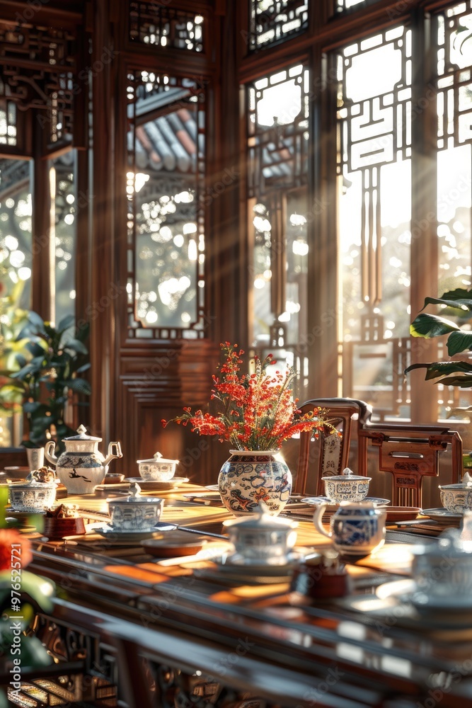 Chinese classical french window, porcelain tea set on the table Chinese classical french window, porcelain tea set on the table
