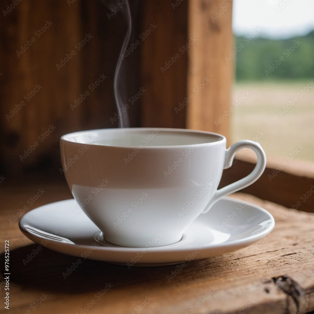 Fototapeta premium Cup of tea on a wooden table in a cafe against a blurry golden background 