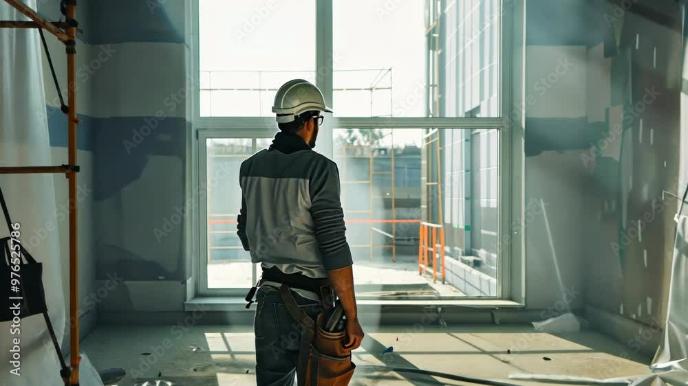 Construction worker observes progress in bright, unfinished interior of commercial building during daylight hours Construction worker observes progress in bright, unfinished interior of commercial building during daylight hours