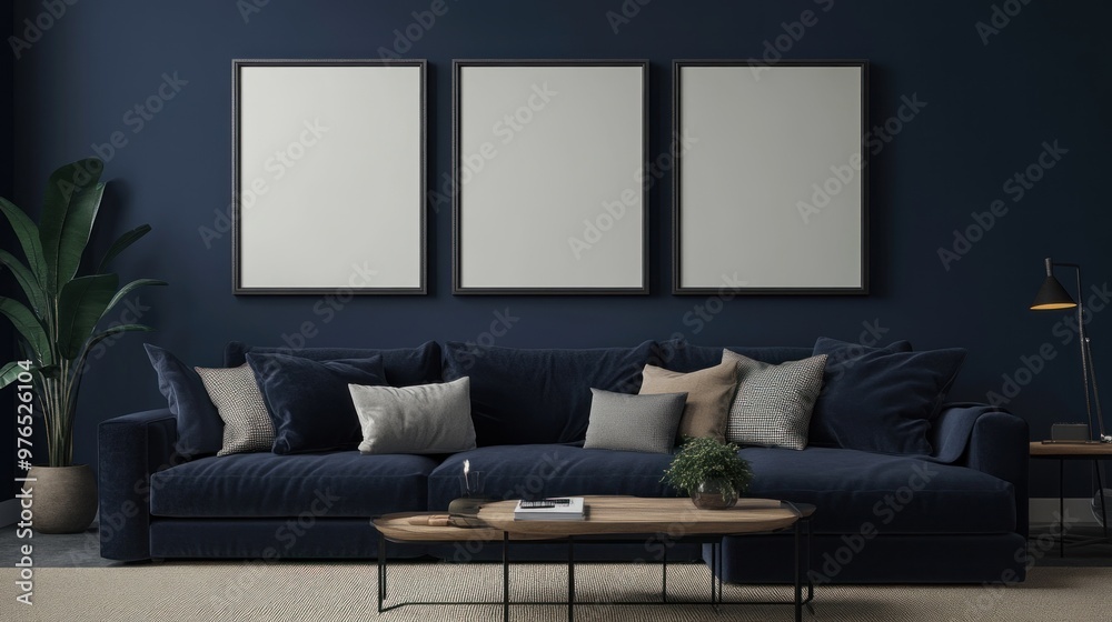 Modern Living Room with Blue Sofa and Empty Frames Modern Living Room with Blue Sofa and Empty Frames