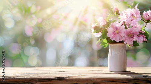 Wooden Table with Pink Flowers, an inviting backdrop featuring a rustic wooden table adorned with vibrant pink flowers, soft bokeh effects, illuminated by gentle daylight.