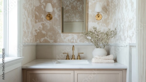 A modern powder room with a stylish wallpaper accent, gold fixtures, and a minimalist design. It features a white porcelain sink, a marble countertop, and a delicate floral arrangement.
