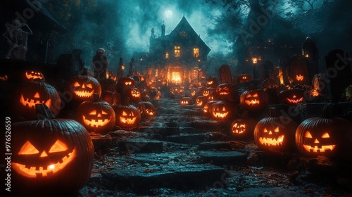 Spooky Halloween Pumpkin Display with Candlelit Glow on Stone Steps at Misty Dusk photo