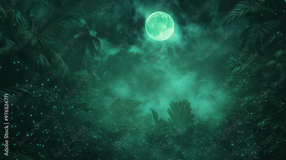Fototapeta premium Mystical Moonlit Jungle Night with Glowing Lights and Fog