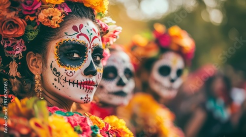 women in traditional Dia De Los Muertos attire, celebrating with joy. photo