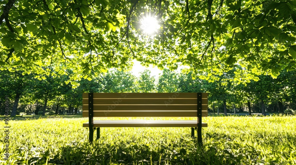 Wooden Bench Underneath a Sunny Canopy of Green Trees Wooden Bench Underneath a Sunny Canopy of Green Trees