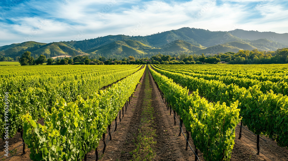 Obraz premium Expansive vineyard landscape with lush green grapevines under a clear blue sky, set against rolling hills and distant mountains.