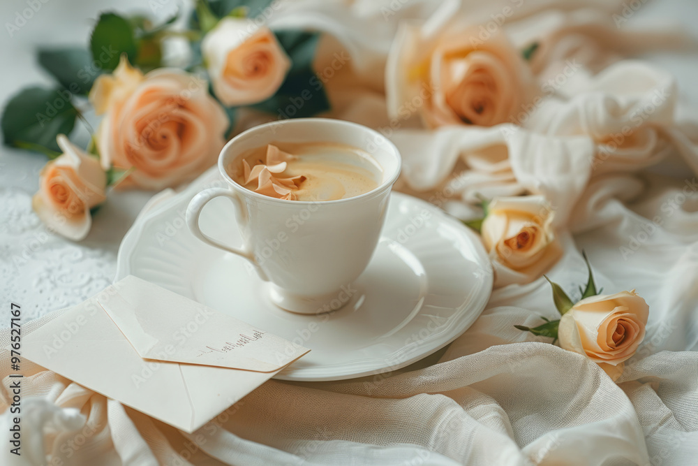 A cup of hot coffee, a white scarf, and roses A cup of hot coffee, a white scarf, and roses