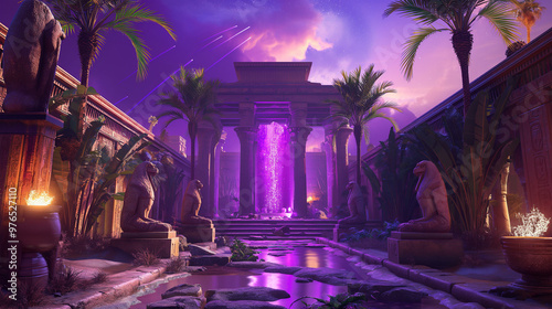 The temple with palm trees and a statue of a god, game background, Illustration