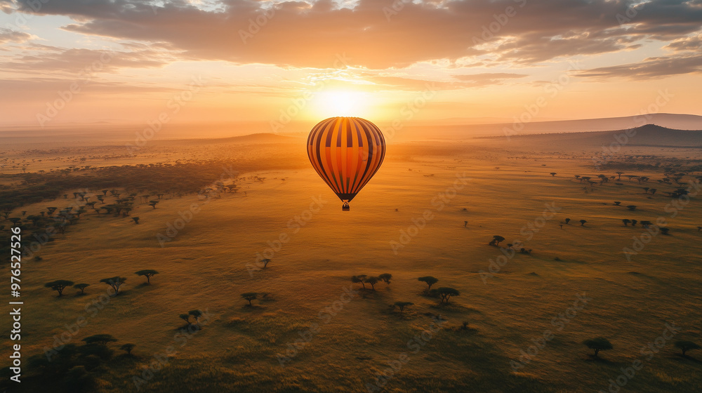 A vibrant hot air balloon gently floats over an expansive savanna landscape, illuminated by the golden hues of a breathtaking sunrise. A vibrant hot air balloon gently floats over an expansive savanna landscape, illuminated by the golden hues of a breathtaking sunrise.