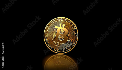 Golden Bitcoin coin glowing against a dark backdrop, symbolizing the rise of cryptocurrency with vibrant detail and a focus on the future of digital currency