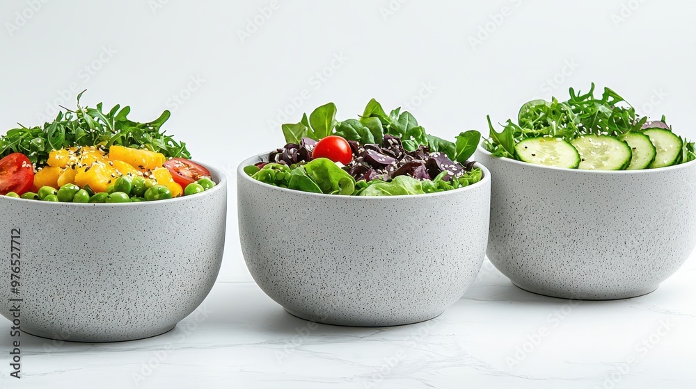 Three Bowls of Fresh Salad with Sesame Seeds on White Marble Background
