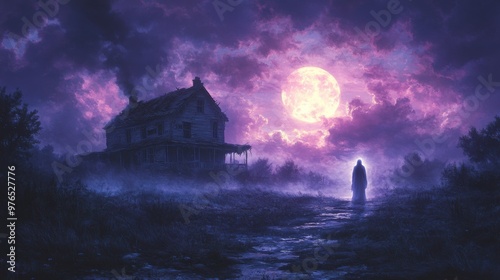 Eerie Haunted Farmhouse with Ghostly Apparition on a Full Moon Night
