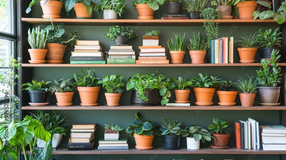 Green Plants and Books on a Shelf Green Plants and Books on a Shelf