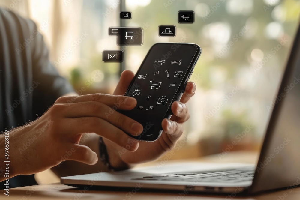Online Shopping Experience: Man Using a Smartphone with Shopping Cart Icon Online Shopping Experience: Man Using a Smartphone with Shopping Cart Icon