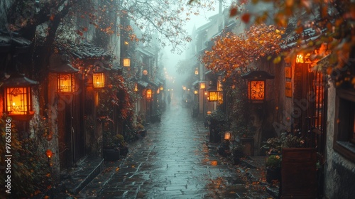 Eerie Ghostly Figure Walking Down Foggy Old Town Street at Night with Lantern Light - Spooky Halloween Atmosphere Photography photo