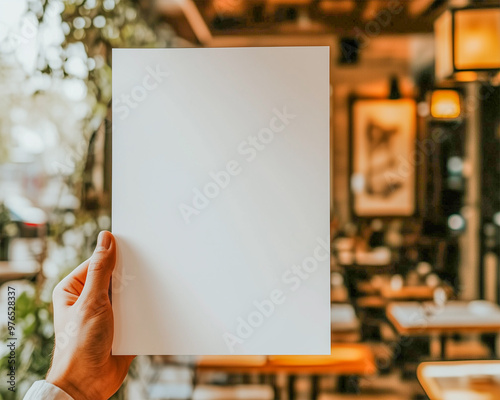 Hand holding a blank paper poster design for a restaurant, Mock up for a poster design displaying menu or design in a restaurant for your design