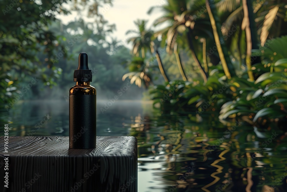 Blank Serum Bottle on Podium in Jungle, Ai Generated Blank Serum Bottle on Podium in Jungle, Ai Generated
