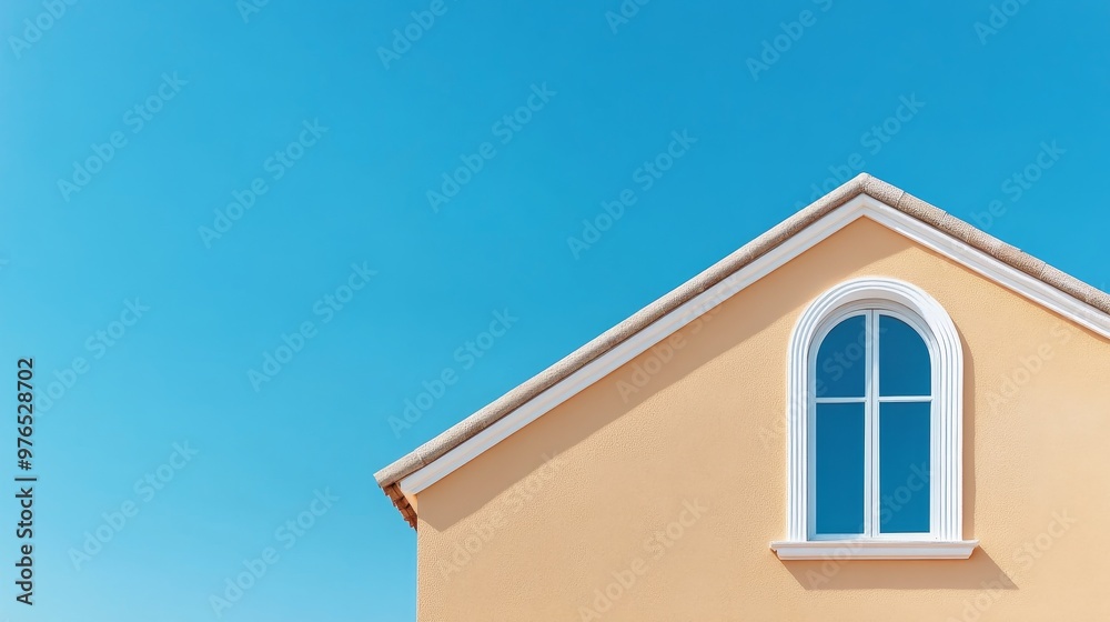 A single arched window with white trim sits atop a peach-colored roof against a bright blue sky, symbolizing sophistication, light, openness, and home. A single arched window with white trim sits atop a peach-colored roof against a bright blue sky, symbolizing sophistication, light, openness, and home.
