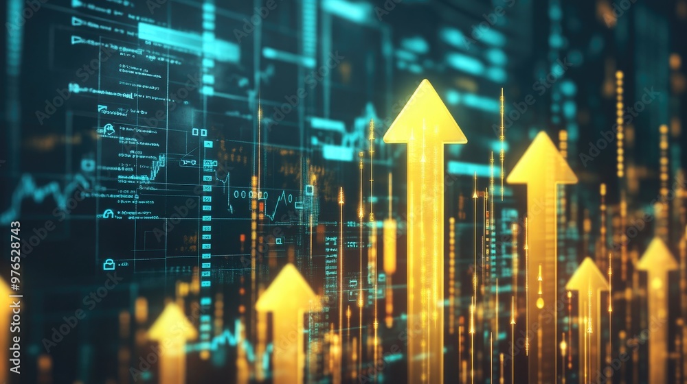 Abstract background of glowing gold arrows pointing upward on a digital display with data and charts. Abstract background of glowing gold arrows pointing upward on a digital display with data and charts.