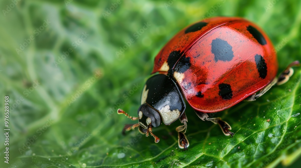 Fototapeta premium Ladybug on Green Leaf Close-Up
