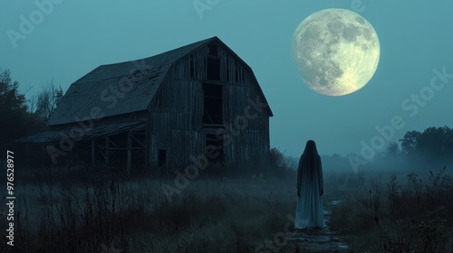 Haunting Specter at Moonlit Old Barn