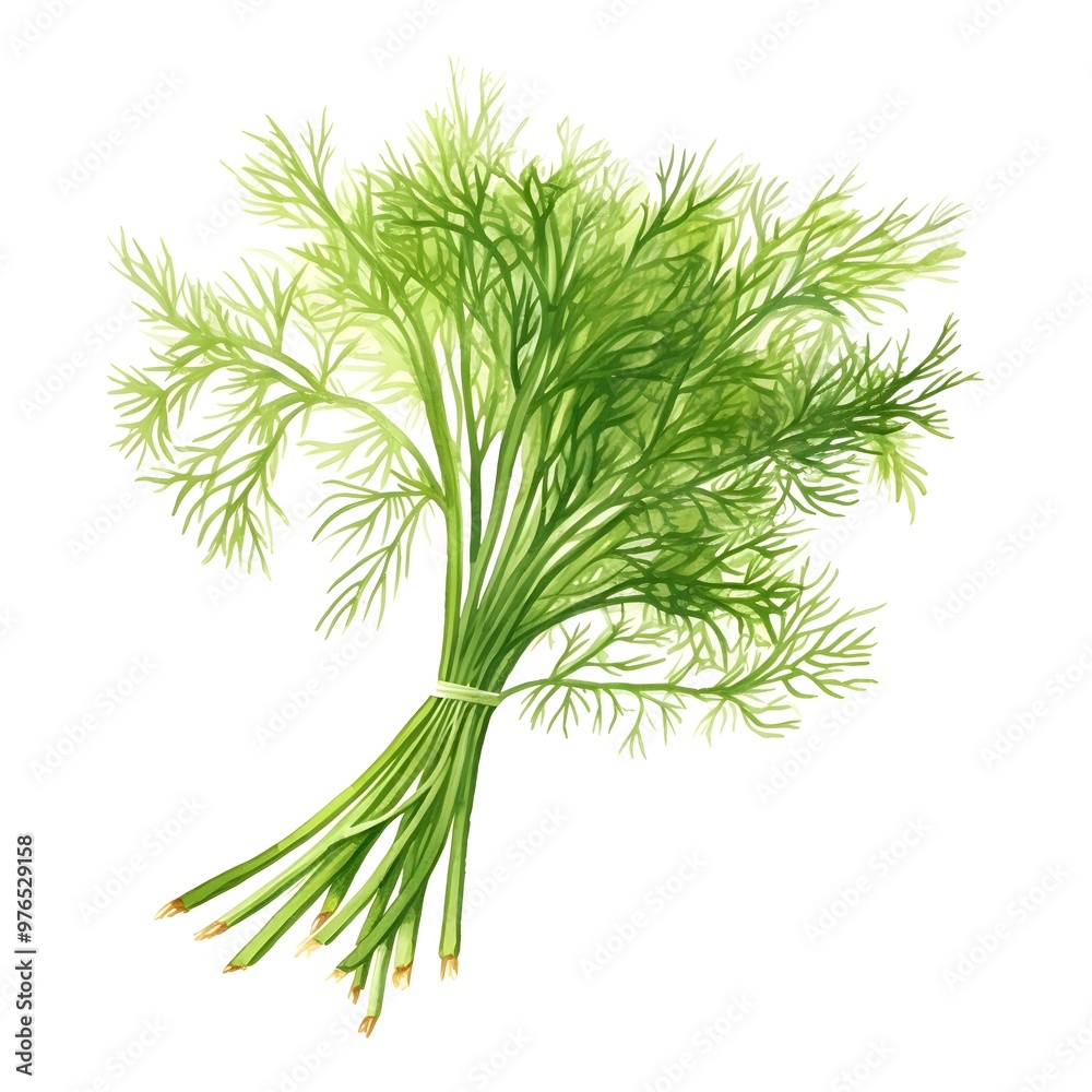 Detailed Watercolor Dill Sprig with Feathery Foliage and Fresh Aroma on White Background Detailed Watercolor Dill Sprig with Feathery Foliage and Fresh Aroma on White Background