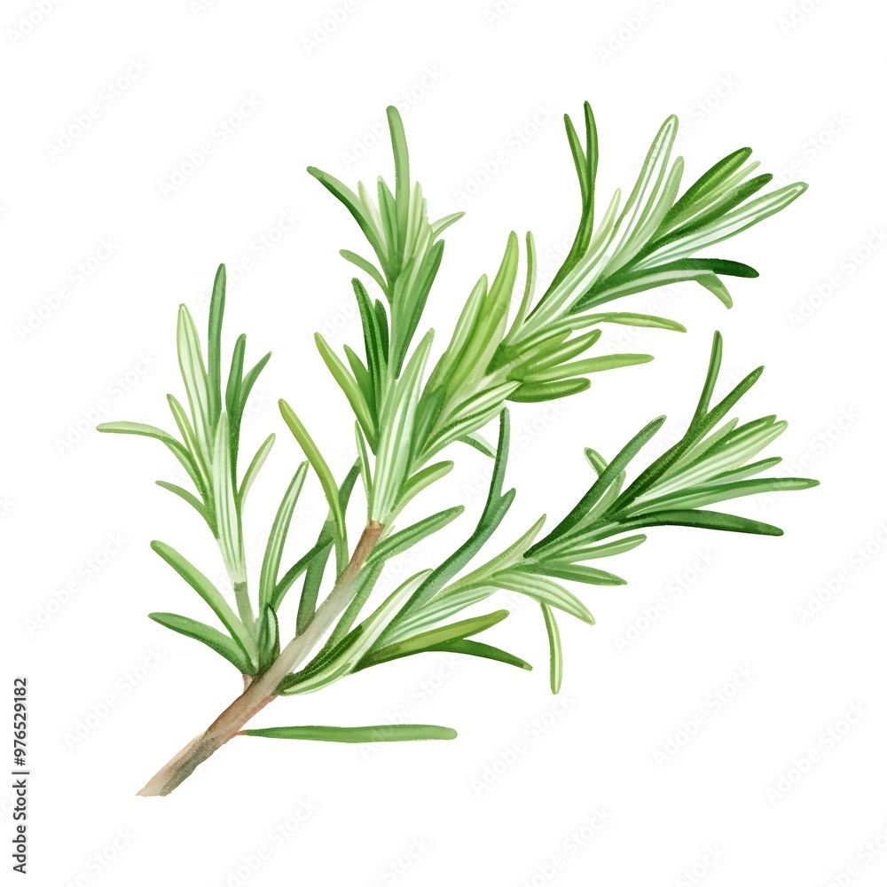 Obraz premium Detailed Watercolor Sprig of Aromatic Rosemary Herb on Clean White Background