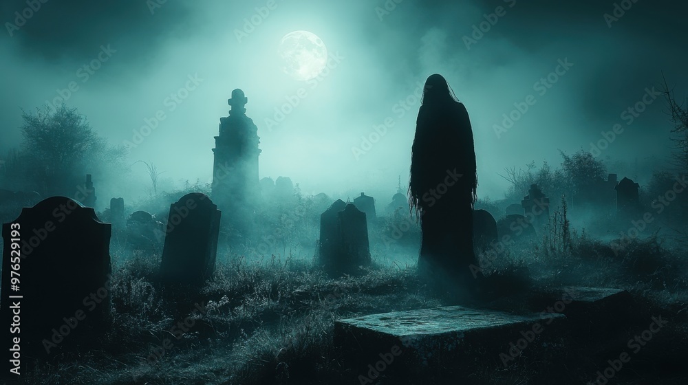 Eerie Ghostly Apparition at Weathered Gravestone in Moonlit Foggy Graveyard Eerie Ghostly Apparition at Weathered Gravestone in Moonlit Foggy Graveyard