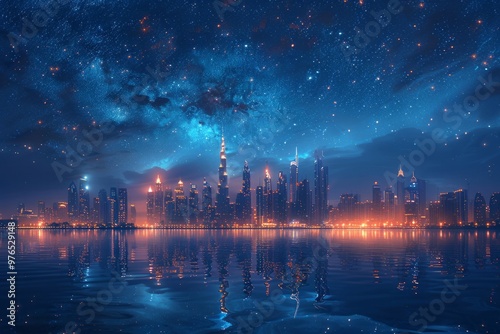 Night cityscape reflected in water with a starry sky above. AI generative. .