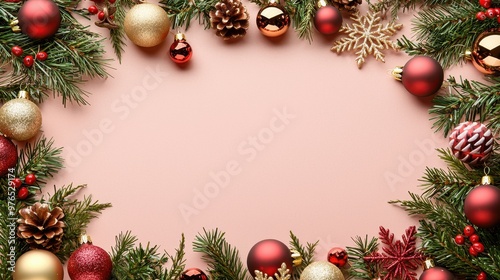 Christmas Decoration Border with Pine Branches Baubles and Pine Cones on Pink Background