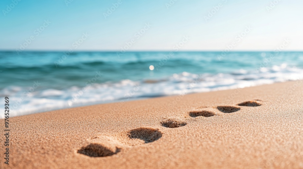Footprints in soft sand leading to a serene beach with calm waves, capturing the essence of tranquility and relaxation in nature. Footprints in soft sand leading to a serene beach with calm waves, capturing the essence of tranquility and relaxation in nature.